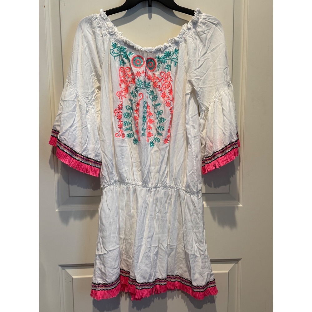 India Boutique White Embroidered Sequin Fringe Off Shoulder Mini Dress Womens